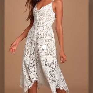 LuLus One Wish White Lace Midi Dress